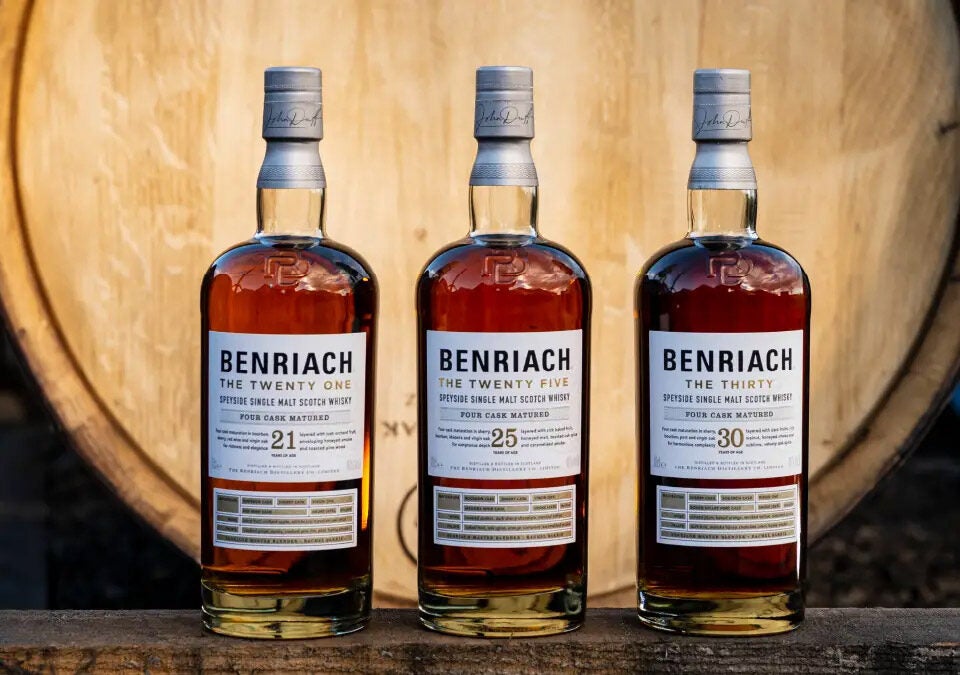 trzy butelki whisky single malt Benriach – 21yo, 25yo i 30yo.