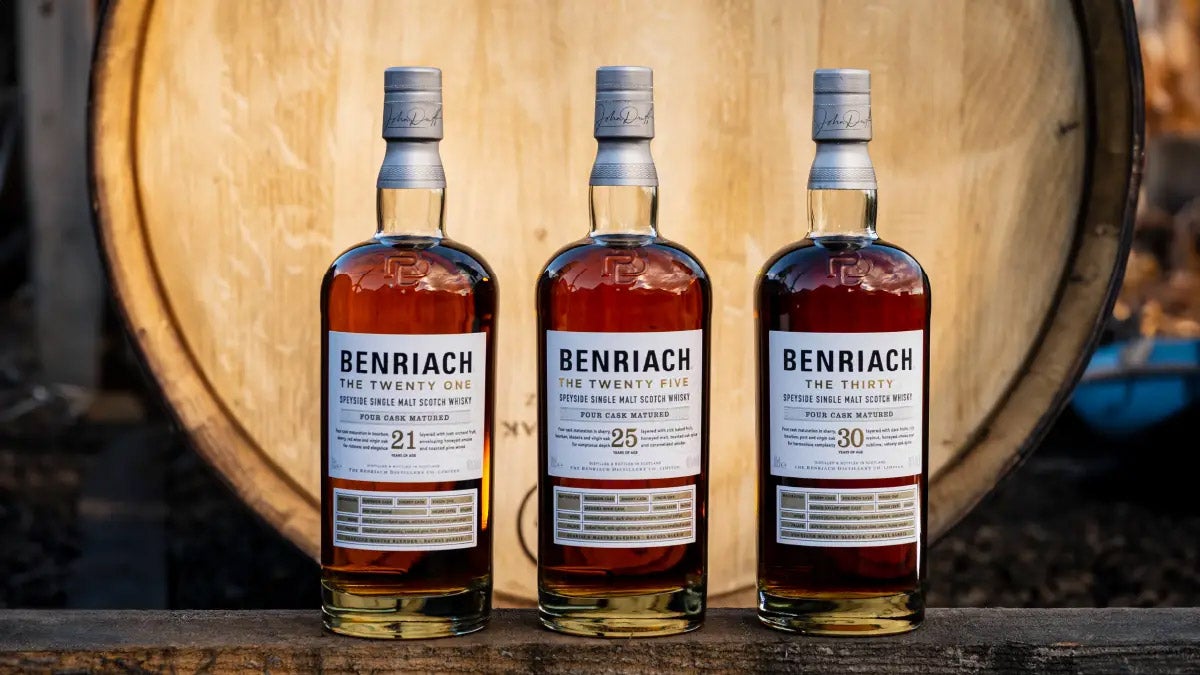 trzy butelki whisky single malt Benriach – 21yo, 25yo i 30yo.